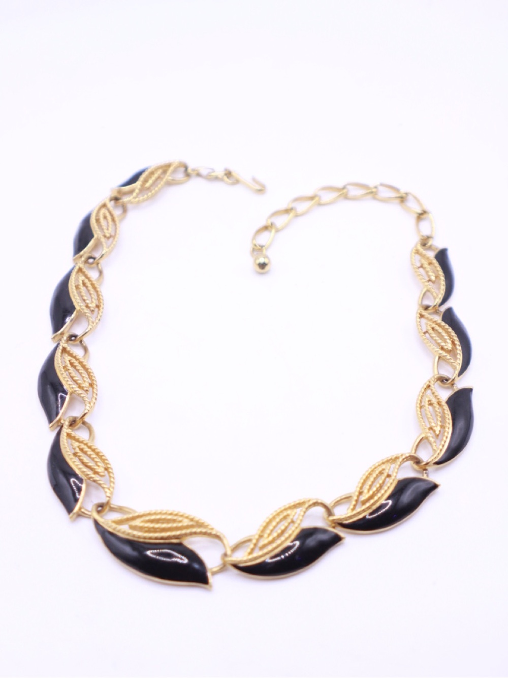 Vintage Signed Trifari Black Enamel Necklace Enamel Gold Tone Statement